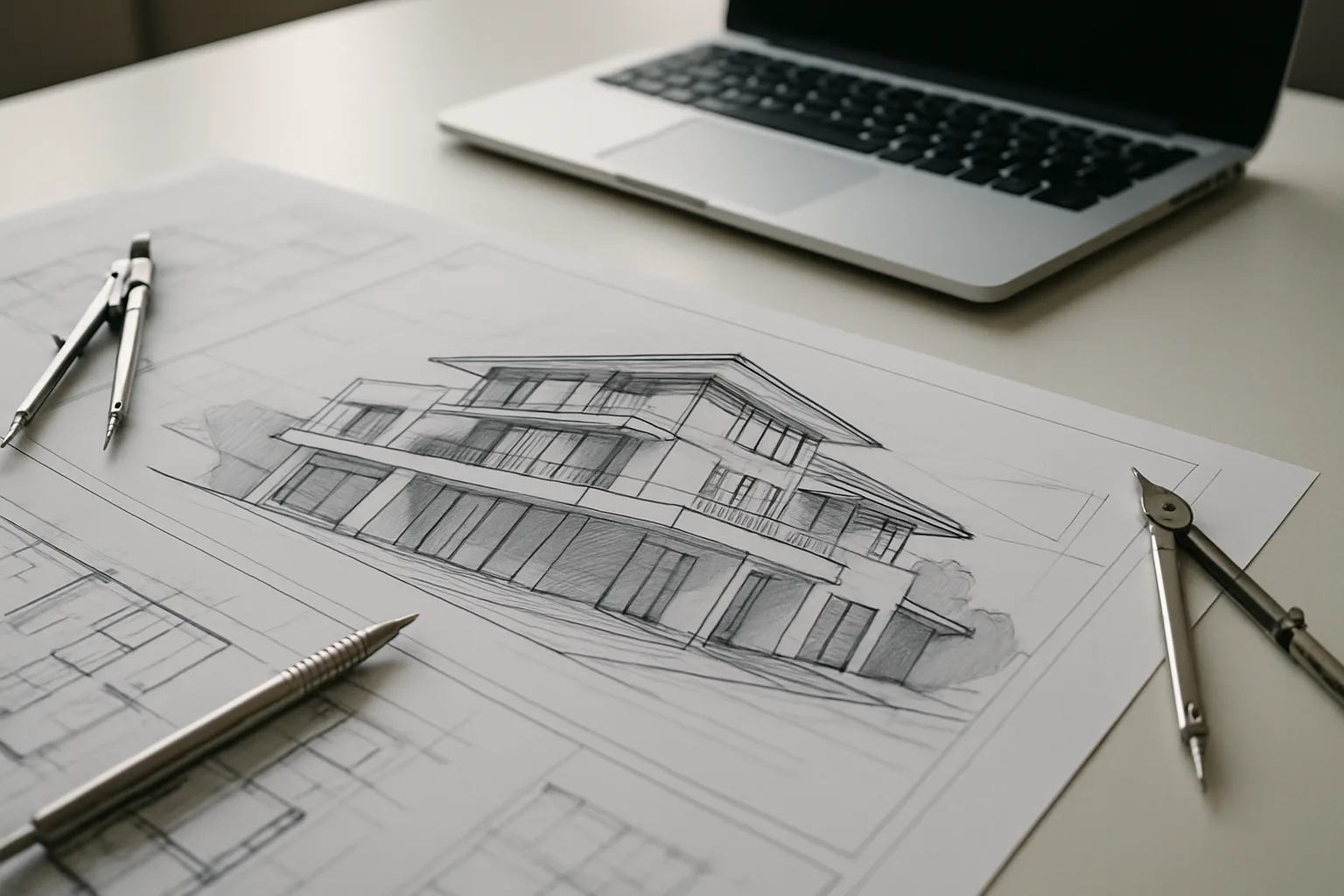 Architectural design blueprint and drafting tools.