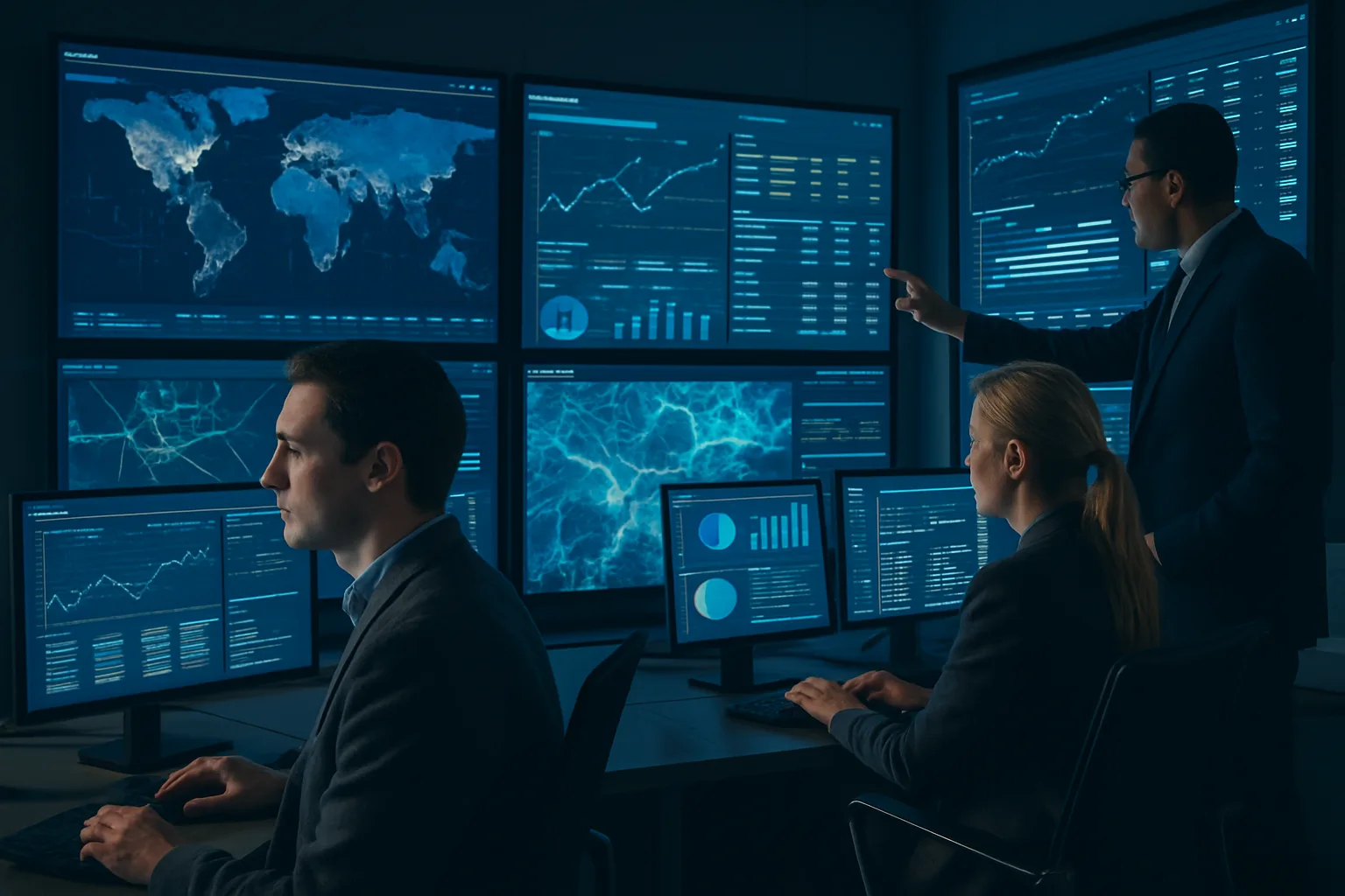 A professional analyzing data on a tablet in a modern control room, representing decision-making processes in technology.