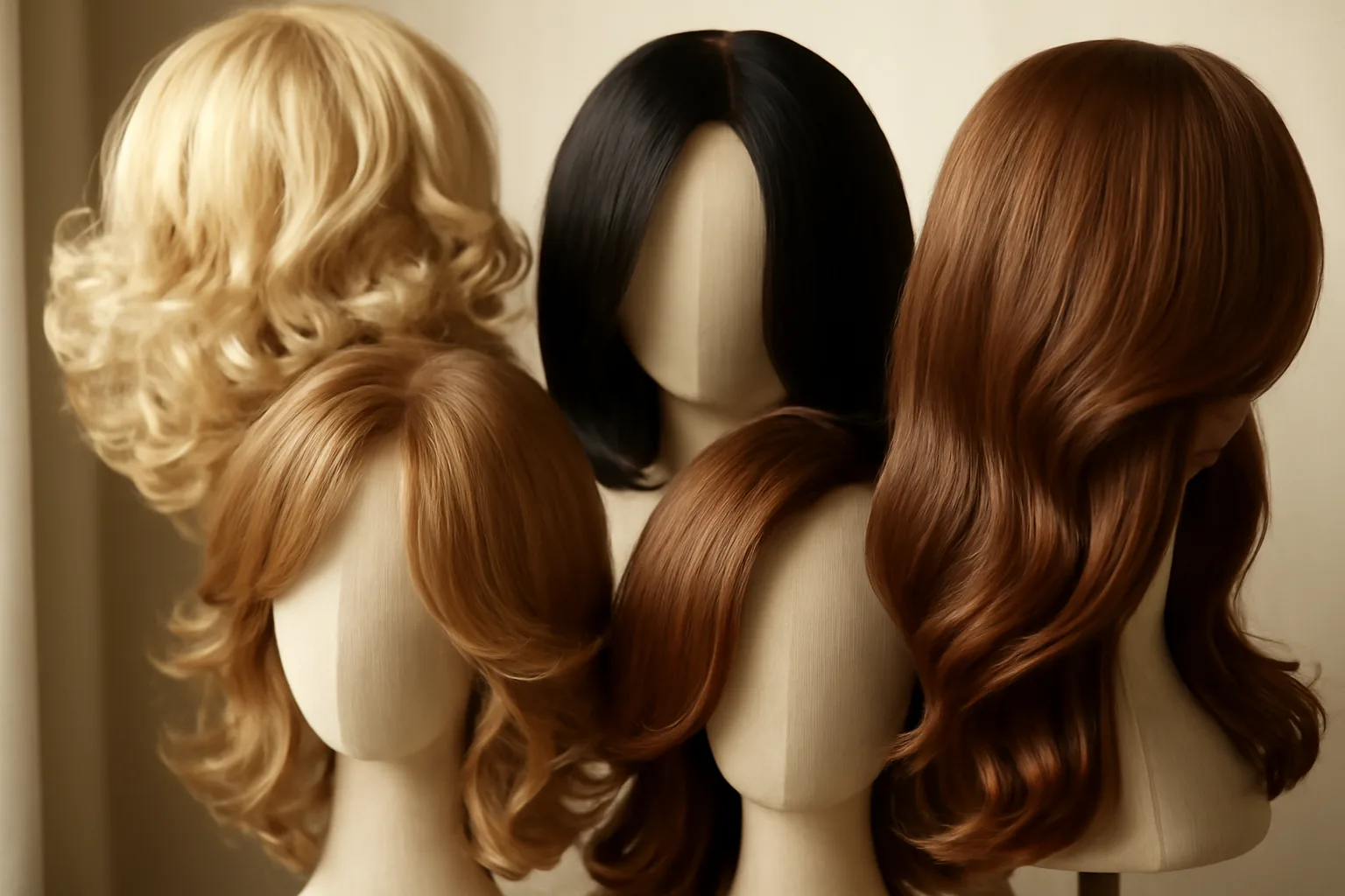 A variety of natural-looking wigs in different styles and colors.