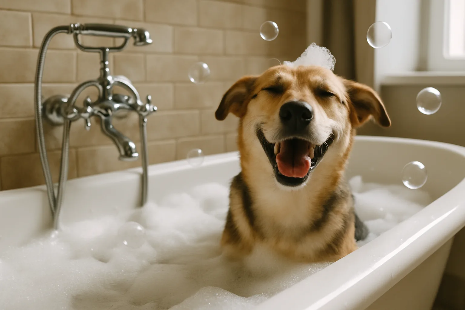 A content dog after a bath.