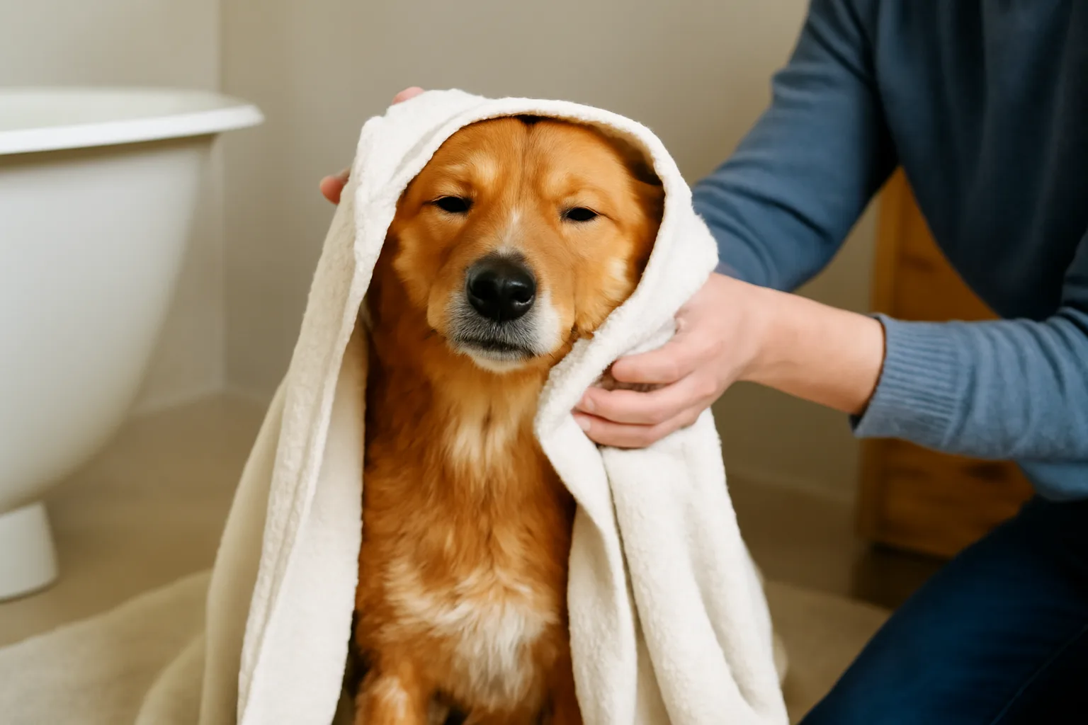 A content dog after a bath.